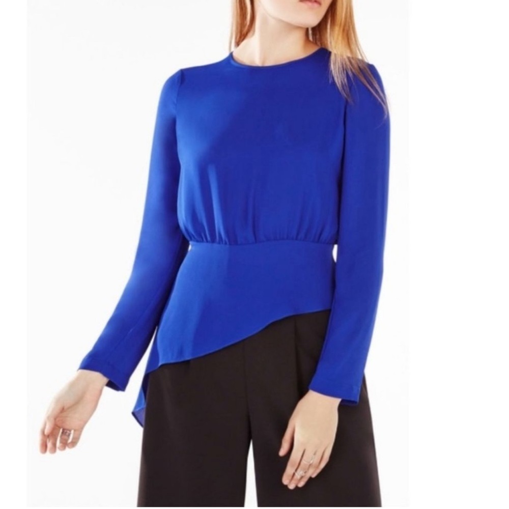 BCBGMAXAZRIA Royal Blue Eugenie Asymetric Long Sleeve Blouse
